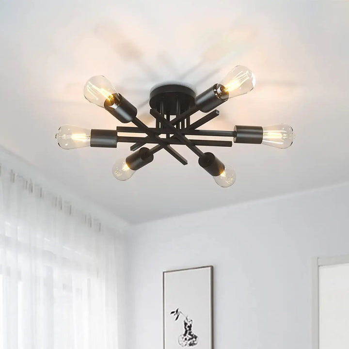 Plafonnier Style Loft Noir Avec Tubes Croisés Et Ampoules

