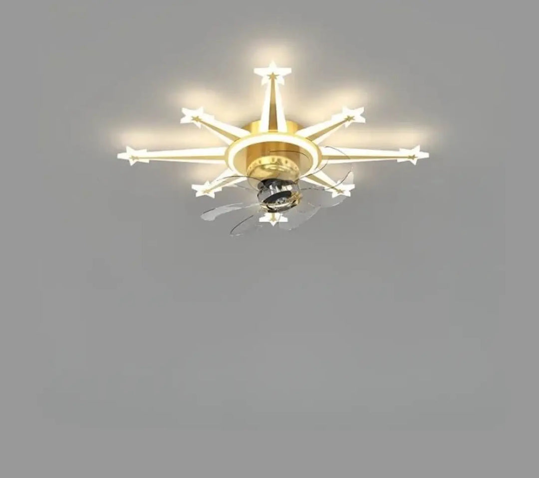 Luminaire plafonnier axiel avec ventilateur doré et lumières en forme detoile avec pales transparentes sont elles incluses