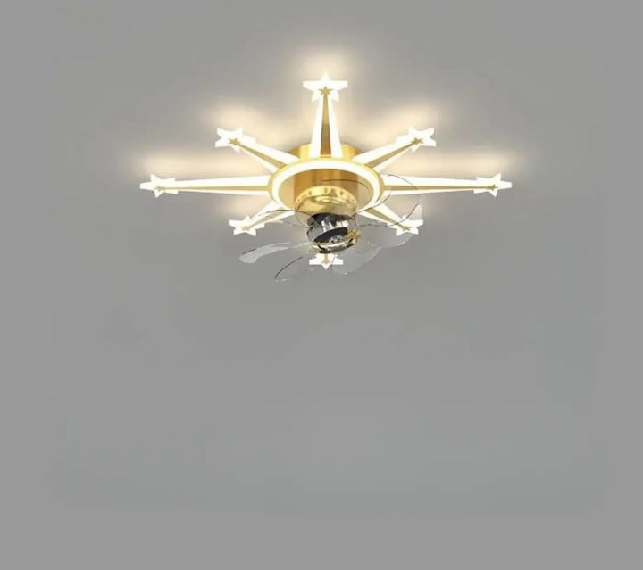 Luminaire plafonnier axiel avec ventilateur doré et lumières en forme detoile avec pales transparentes sont elles incluses