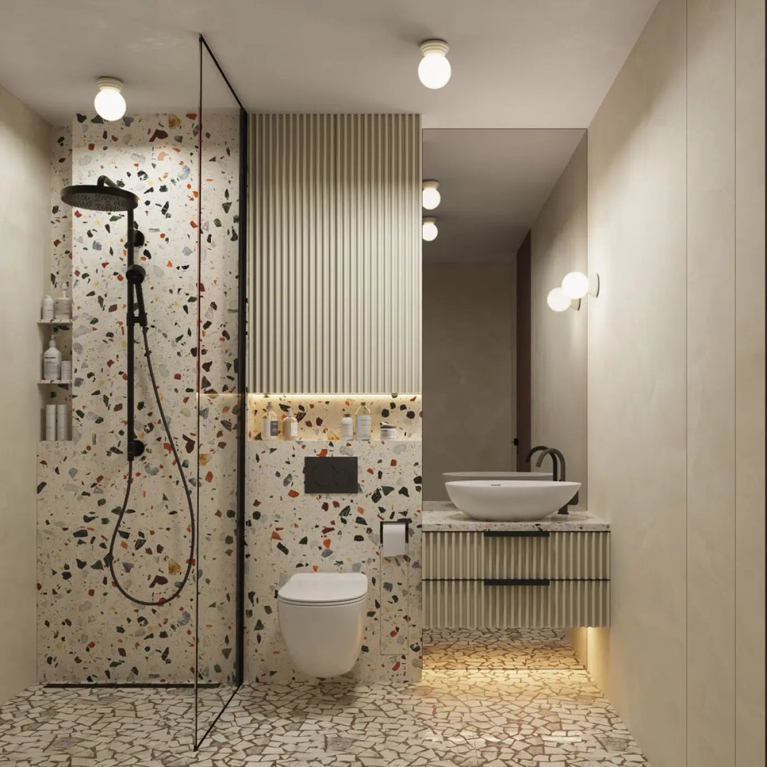 Plafonnier zori beige ip44 éclairant une salle de bain moderne avec belle décoration et qualités esthétiques terrazzo