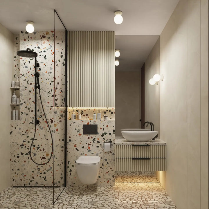 Plafonnier zori beige ip44 éclairant une salle de bain moderne avec belle décoration et qualités esthétiques terrazzo
