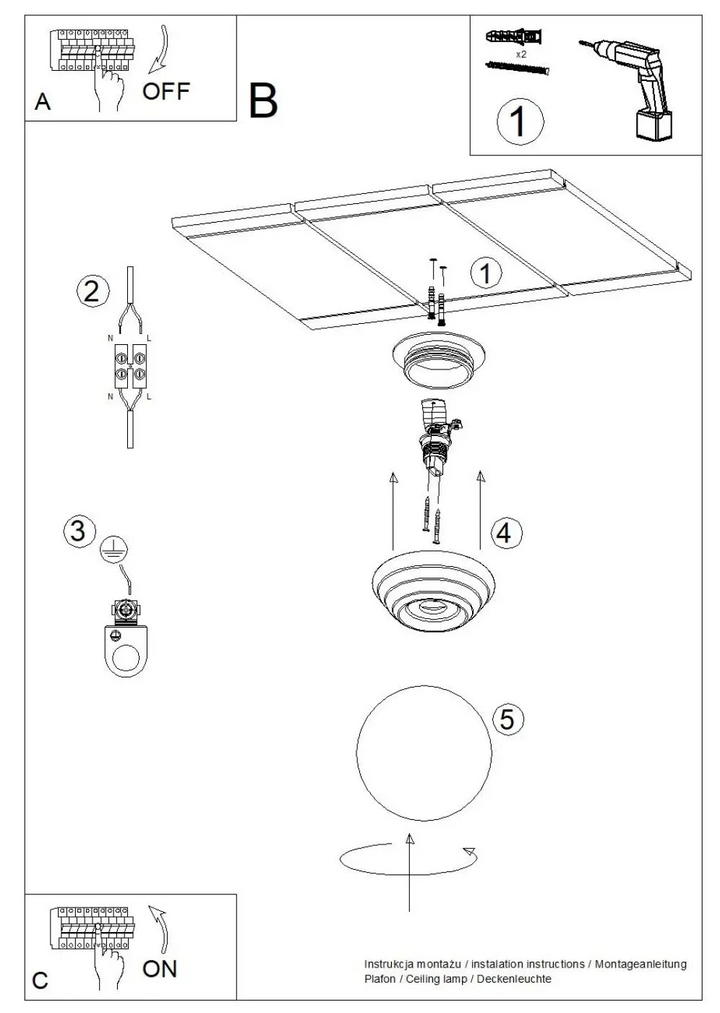 Schéma de montage du plafonnier ZORI jaune IP44 avec matériel de fixation pour une belle décoration et qualités esthétiques