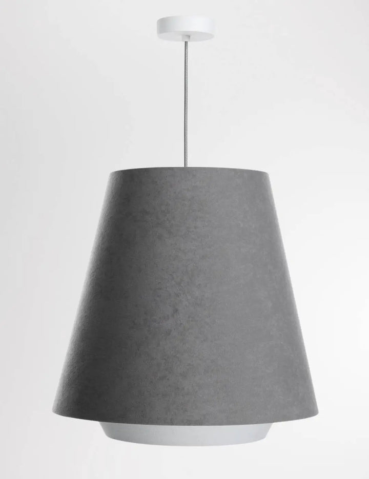 Suspension abat doplo gris conique design en béton avec abat-jour cylindrique effilé et fixation plafond blanc