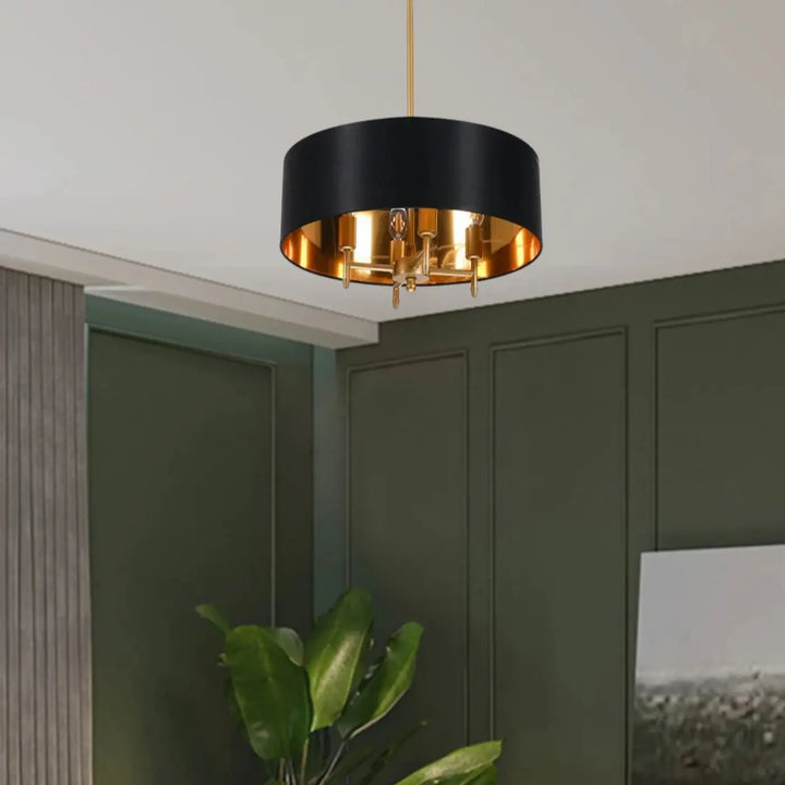 Suspension Abat Jour Tissu Moderne Rond Blanc Noir Doré Élégant