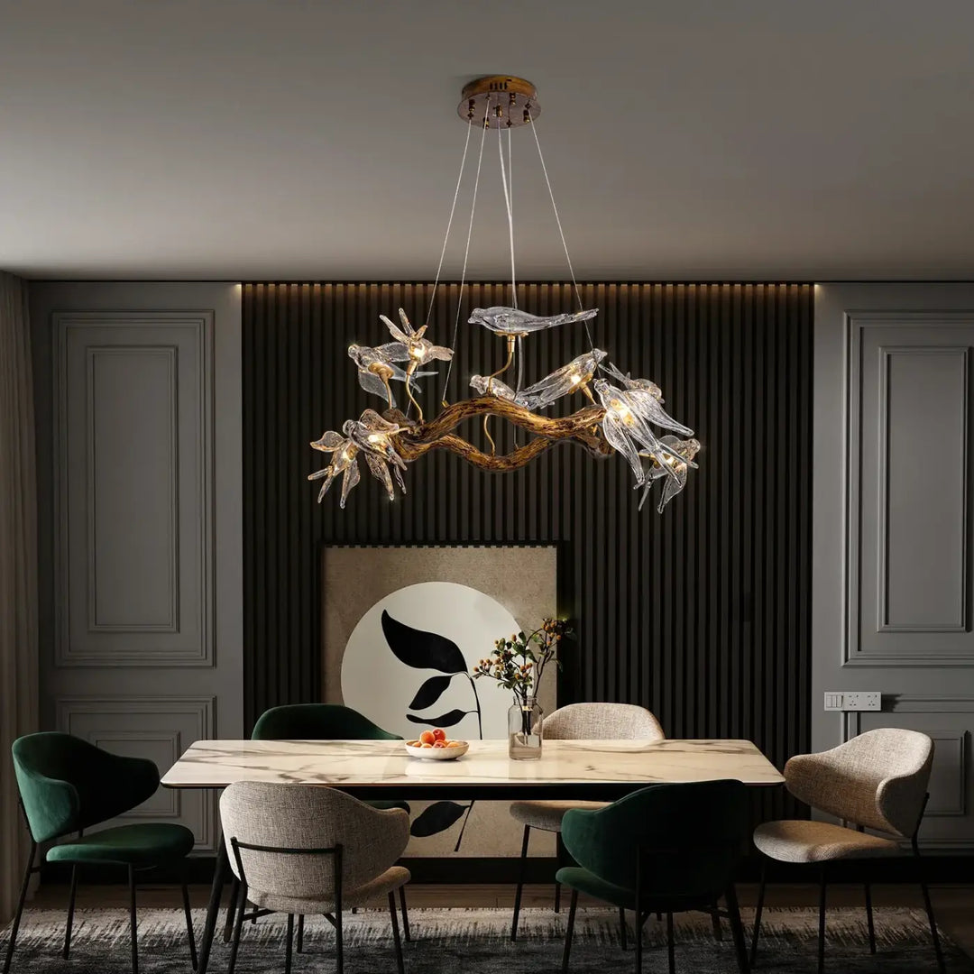 Suspension artistique et oiseaux éclairés style luxe élégant