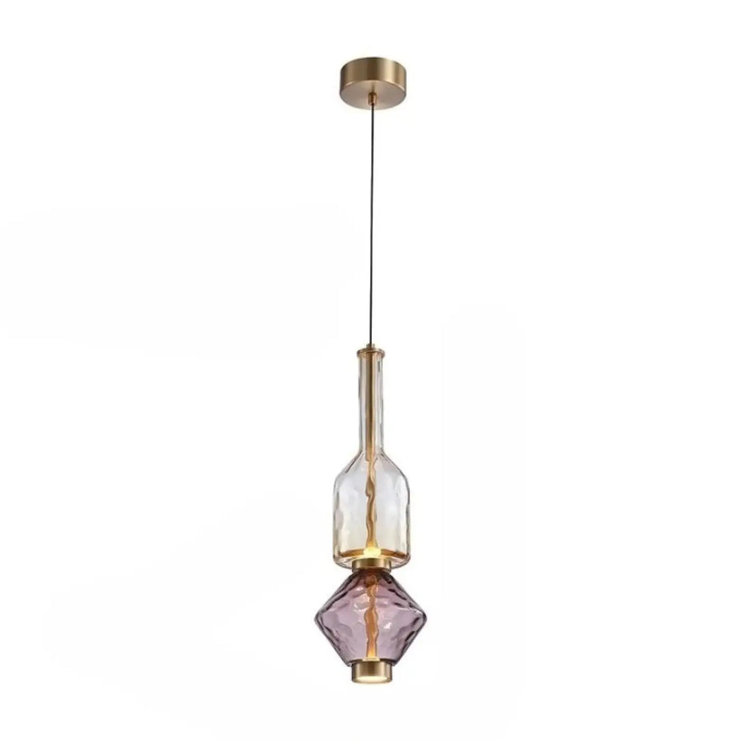 Suspension luminaire slira avec verre soufflé et verre soufflé violet suspendus par métal doré moderne et élégant
