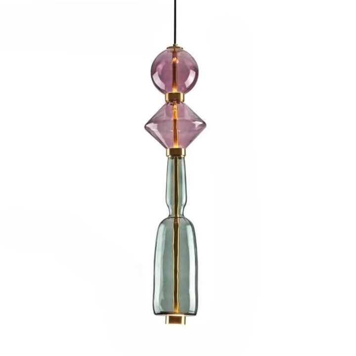 Suspension luminaire slira avec verre soufflé en violet et métal doré aux éléments empilés rose et bleu-vert