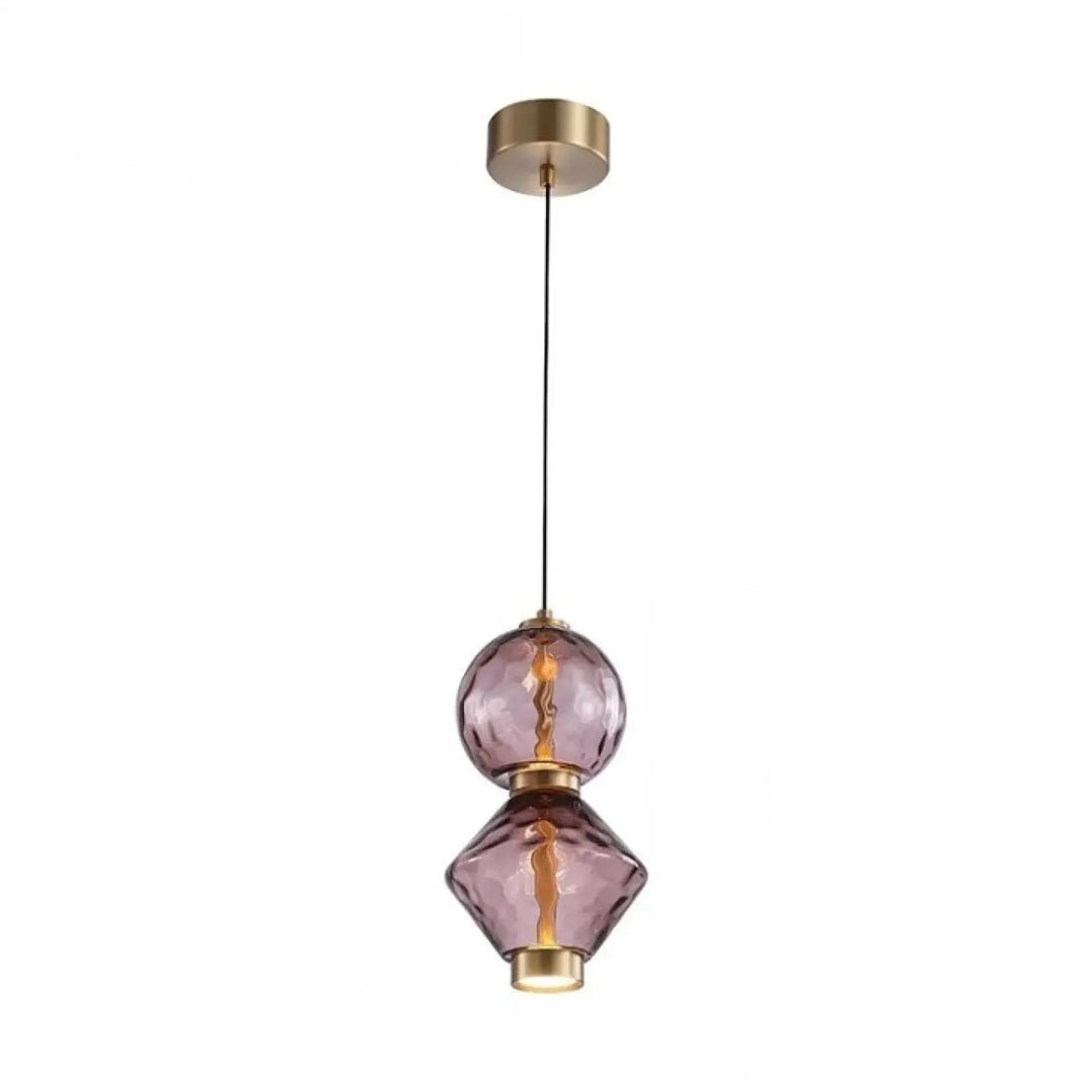 Suspension luminaire slira avec deux sphères en verre soufflé violet empilées et métal doré suspendues par corde noire