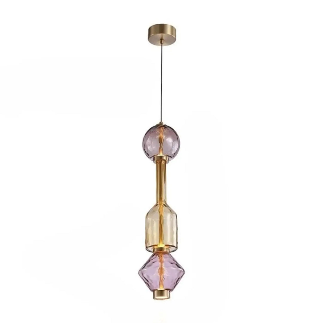 Suspension luminaire slira en métal doré avec verre soufflé violet et ambre et ampoules à filament visibles