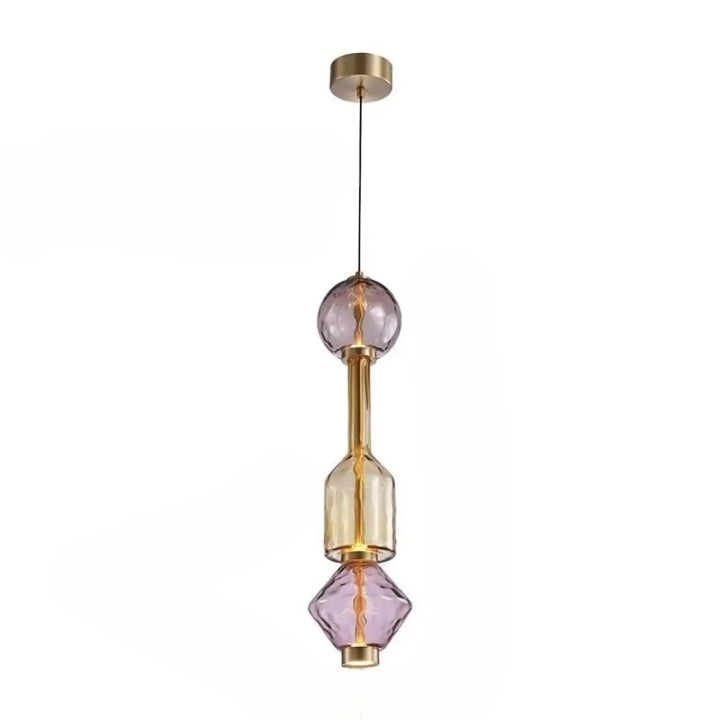 Suspension luminaire slira en métal doré avec verre soufflé violet et ambre et ampoules à filament visibles