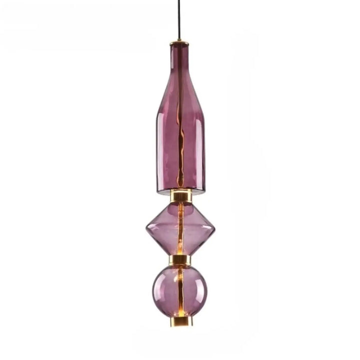 Suspension luminaire slira avec verre soufflé violet empilé, métal doré et ampoule à filament visible