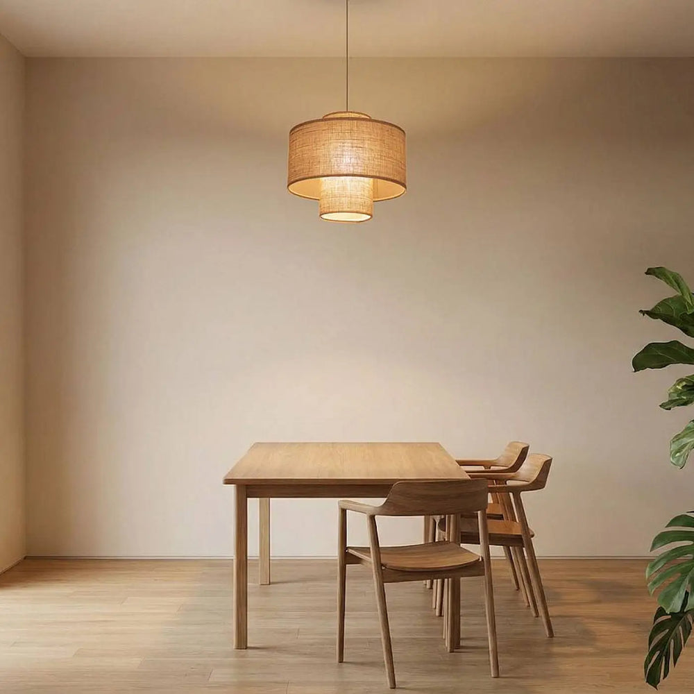 Suspension luminaire twin beige avec abat-jour cylindrique en rotin tissé pour suspension beige double au-dessus de la table à manger