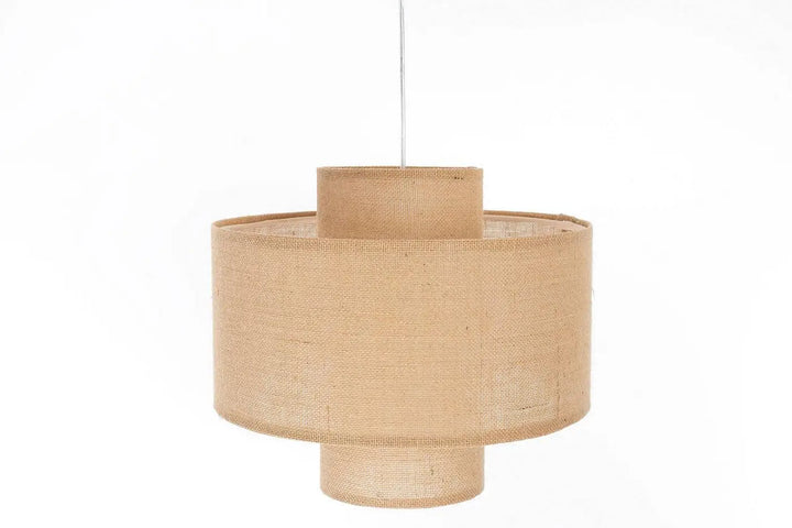 Suspension beige double en jute naturelle à design cylindrique à étages pour un éclairage élégant