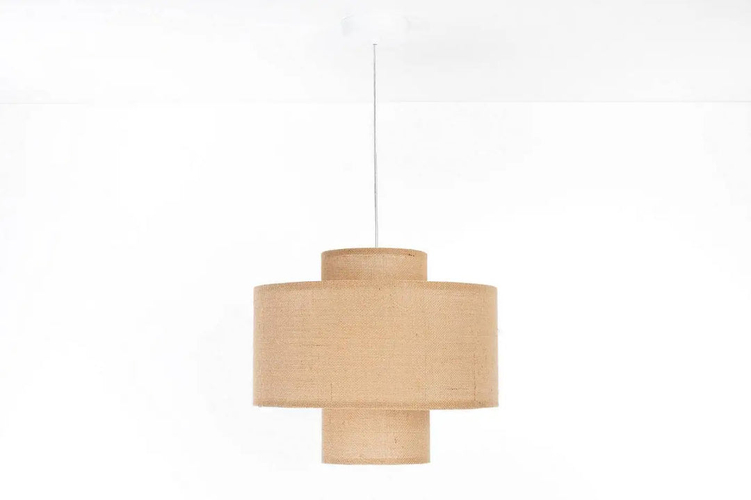 Suspension beige double en textile tissé avec design cylindrique à étages pour luminaire décoratif intérieur
