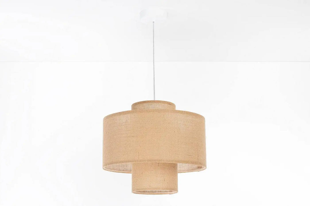 Suspension beige double en tissu tressé avec design cylindrique en plusieurs niveaux pour éclairage intérieur
