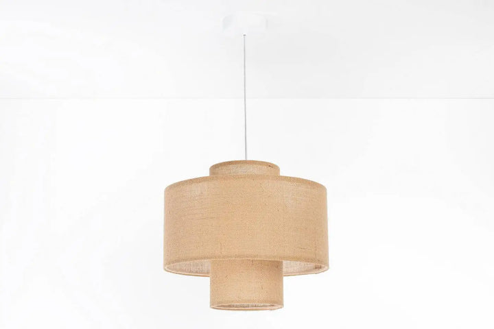 Suspension beige double en tissu tressé avec design cylindrique en plusieurs niveaux pour éclairage intérieur