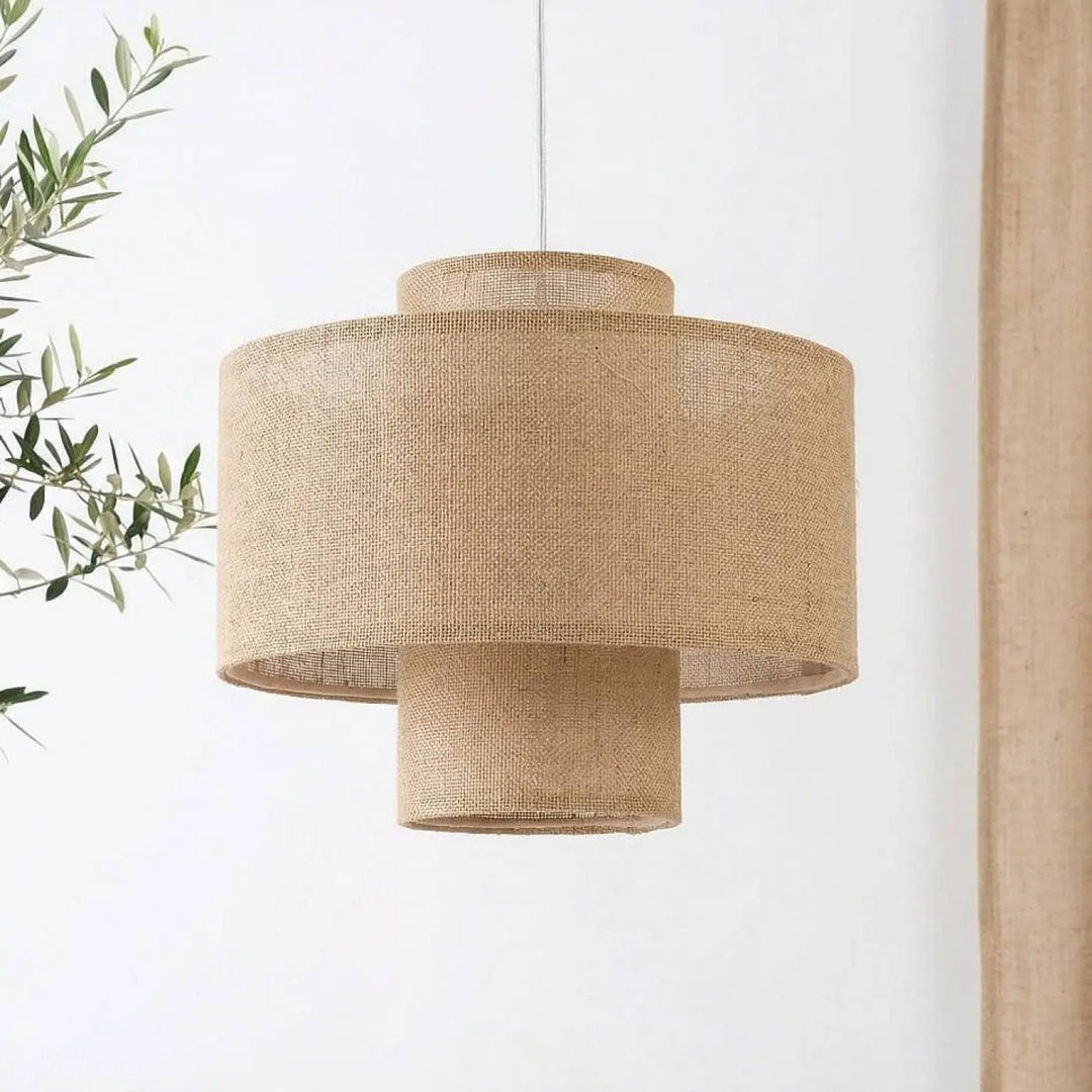 Suspension luminaire beige double en toile de jute avec design cylindrique à étages pour éclairage intérieur