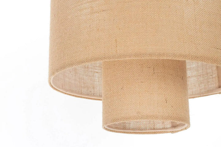 Suspension beige double avec abat-jour en toile de jute naturelle texturée et design cylindrique superposé beige double