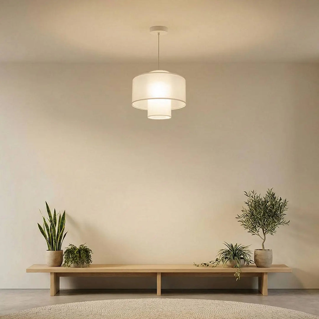 Suspension luminaire twin blanche crème avec double abat-jour en tissu blanc crème minimaliste et moderne