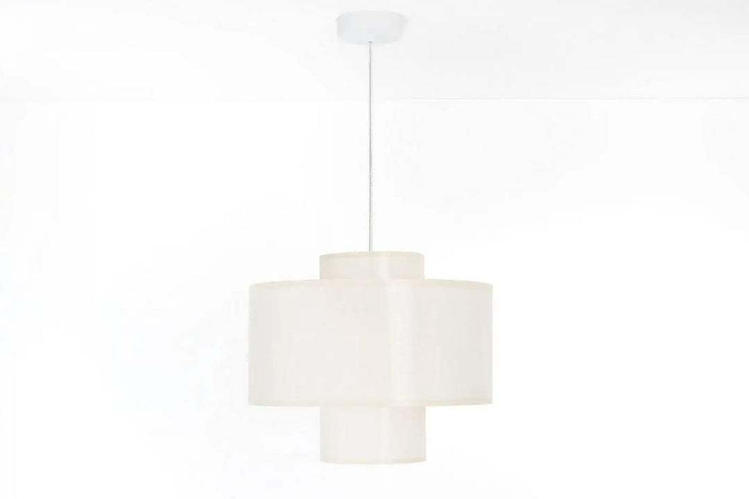 Suspension blanche crème cylindrique avec abat-jour superposé suspendue par un cordon fin pour éclairage intérieur