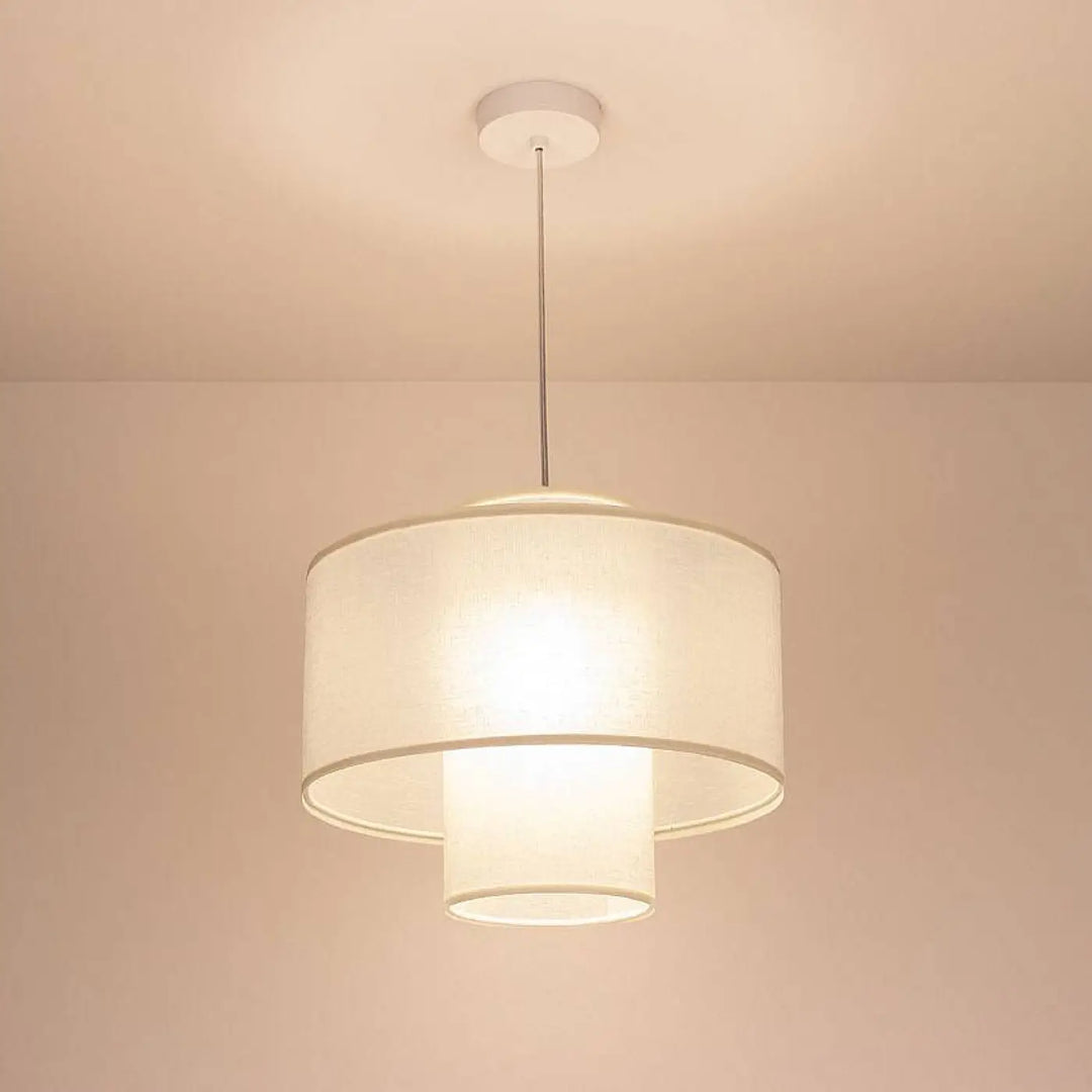 Suspension luminaire twin blanche crème avec double abat-jour en tissu crème suspendue par tige métallique fine