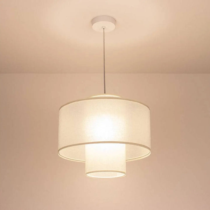 Suspension luminaire twin blanche crème avec double abat-jour en tissu crème suspendue par tige métallique fine