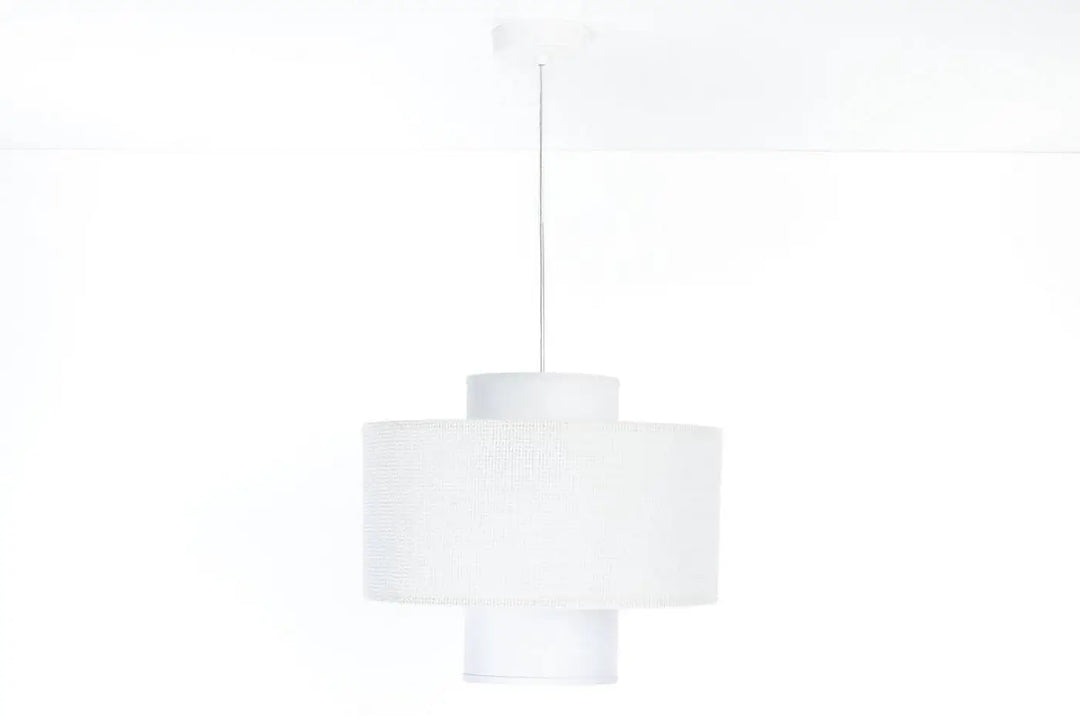 Suspension blanche double avec abat-jour en tissu texturé blanc et tige métallique élégante pour intérieur moderne