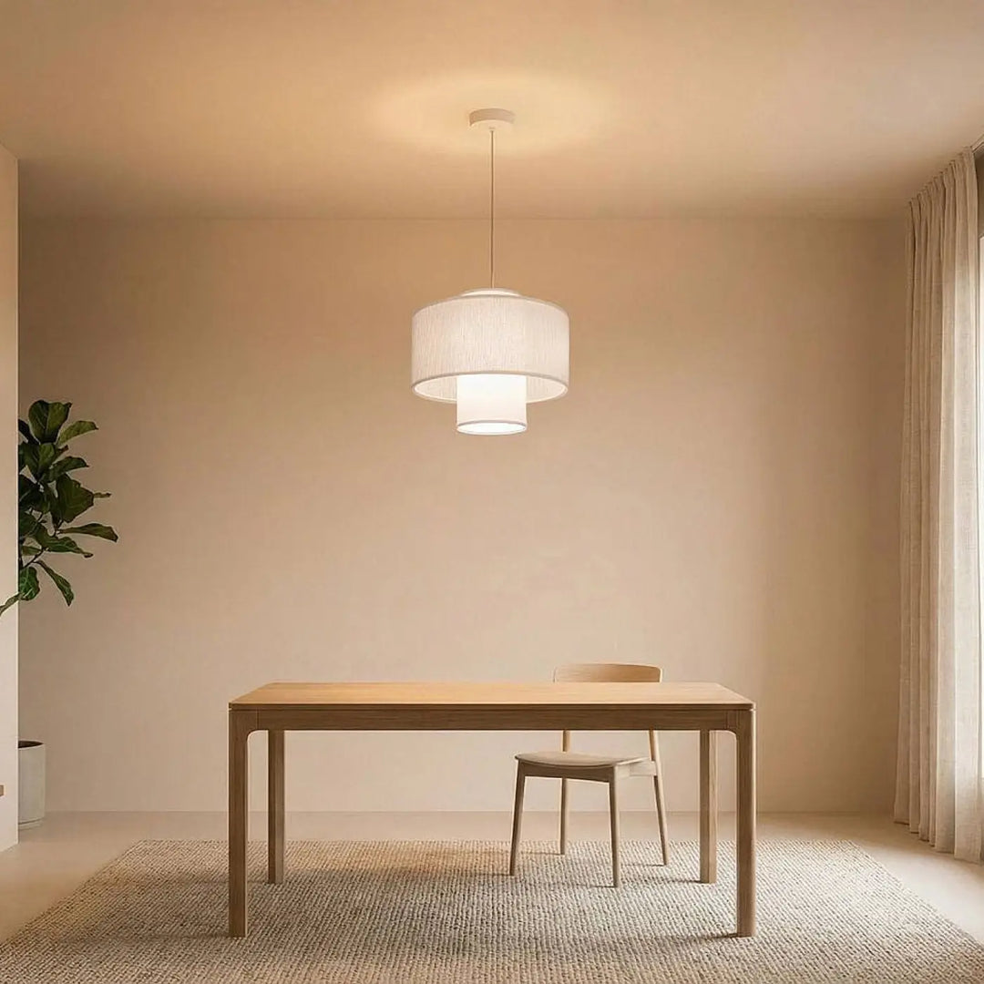 Suspension luminaire blanche double cylindrique minimaliste avec abat-jour en tissu superposé suspendue au plafond