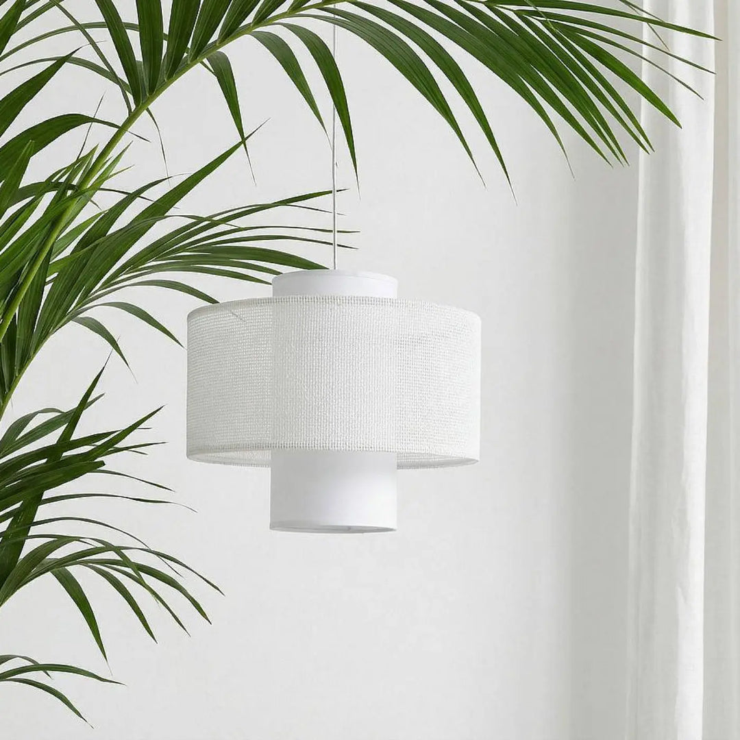 Suspension blanche double cylindrique avec abat-jour en maille texturée et base solide design blanc