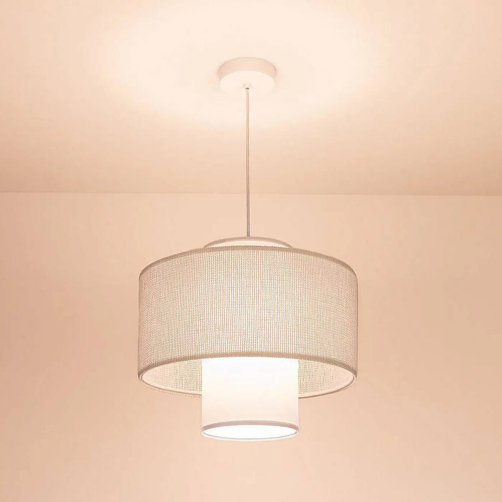 Suspension luminaire twin blanc avec abat-jour en maille texturée off-white et base cylindrique blanche pour suspension blanche double