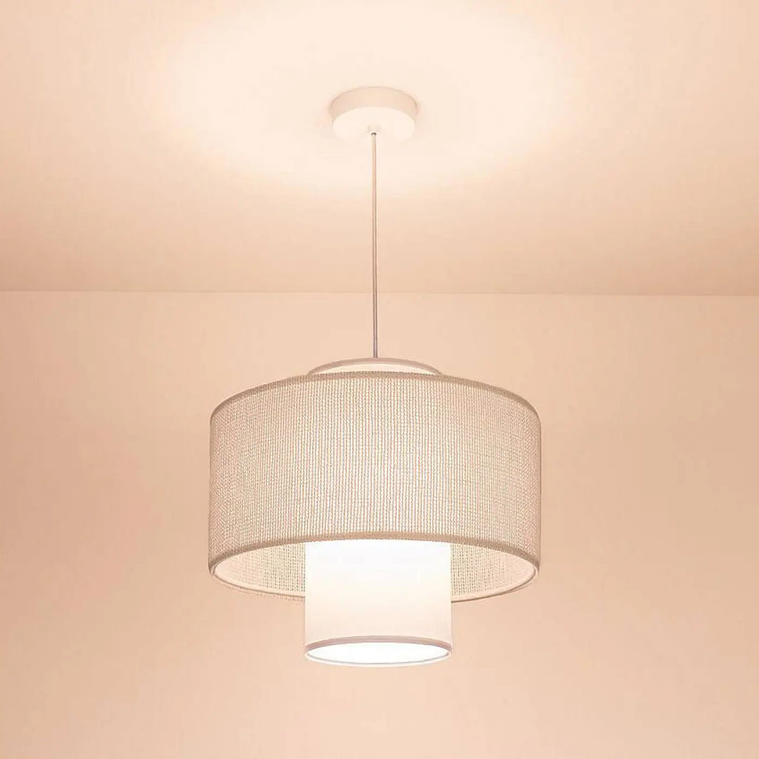 Suspension luminaire twin blanc avec abat-jour en maille texturée off-white et base cylindrique blanche pour suspension blanche double