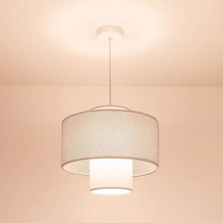 Suspension luminaire twin blanc avec abat-jour en maille texturée off-white et base cylindrique blanche pour suspension blanche double