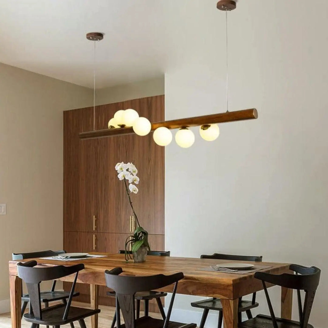 Suspension Bois Flotté Boules Lumineuses Tube Vertical