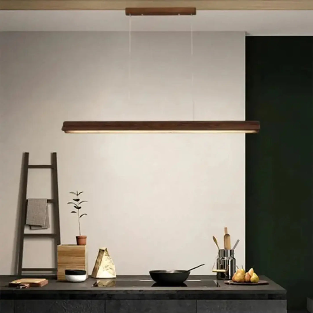 Suspension bois led moderne style linéaire bois foncé