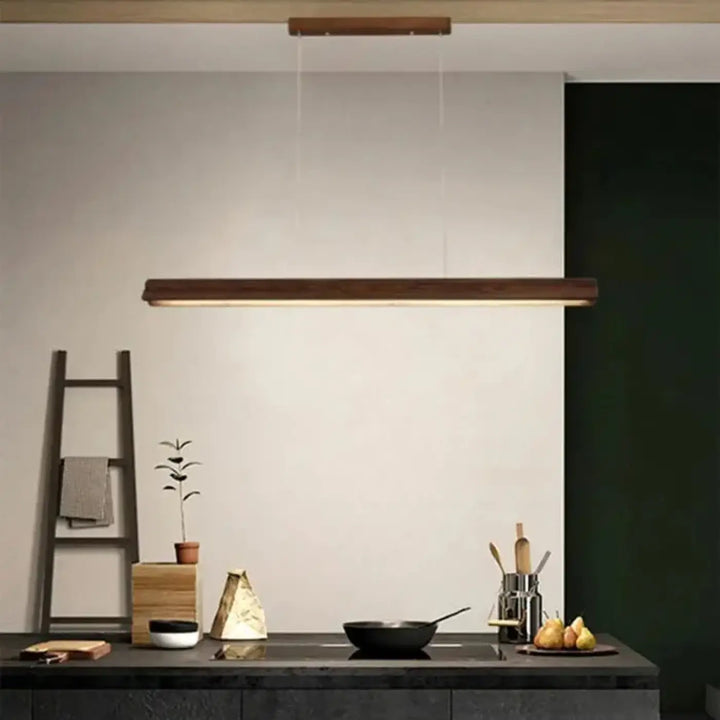 Suspension bois led moderne style linéaire bois foncé