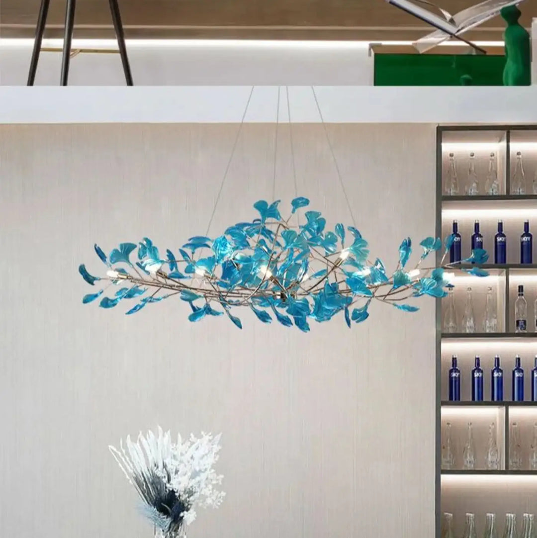 Suspension Branches Métal Feuilles Bleues Design Moderne

