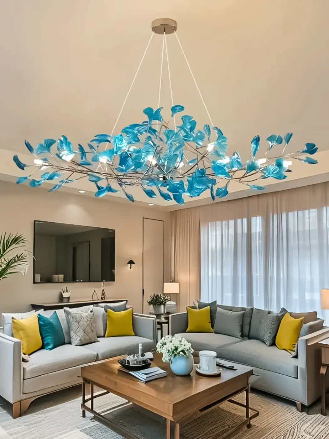Suspension Branches Métal Feuilles Bleues Design Moderne

