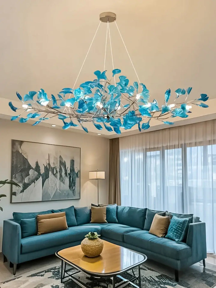 Suspension Branches Métal Feuilles Bleues Design Moderne

