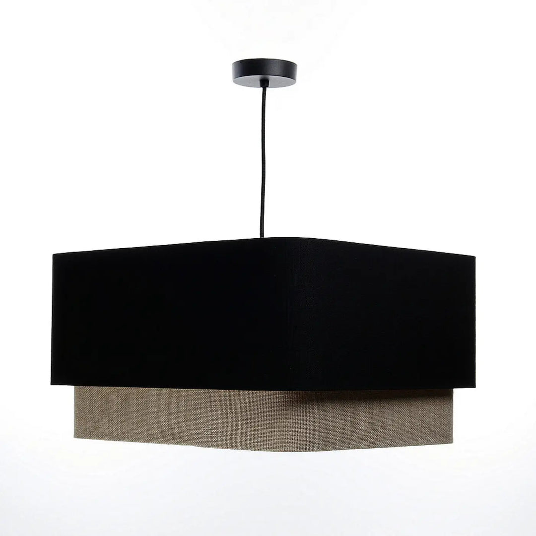 Suspension carrée noire kwadro duo avec tissu textile raffiné noir et beige à deux niveaux et abat-jour en tissu mat