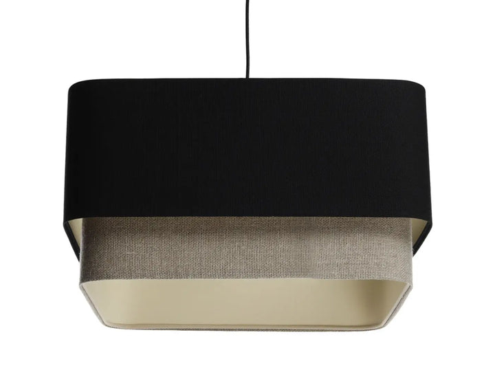 Suspension carrée noire kwadro duo avec textile raffiné intérieur gris texturé et base crème élégante
