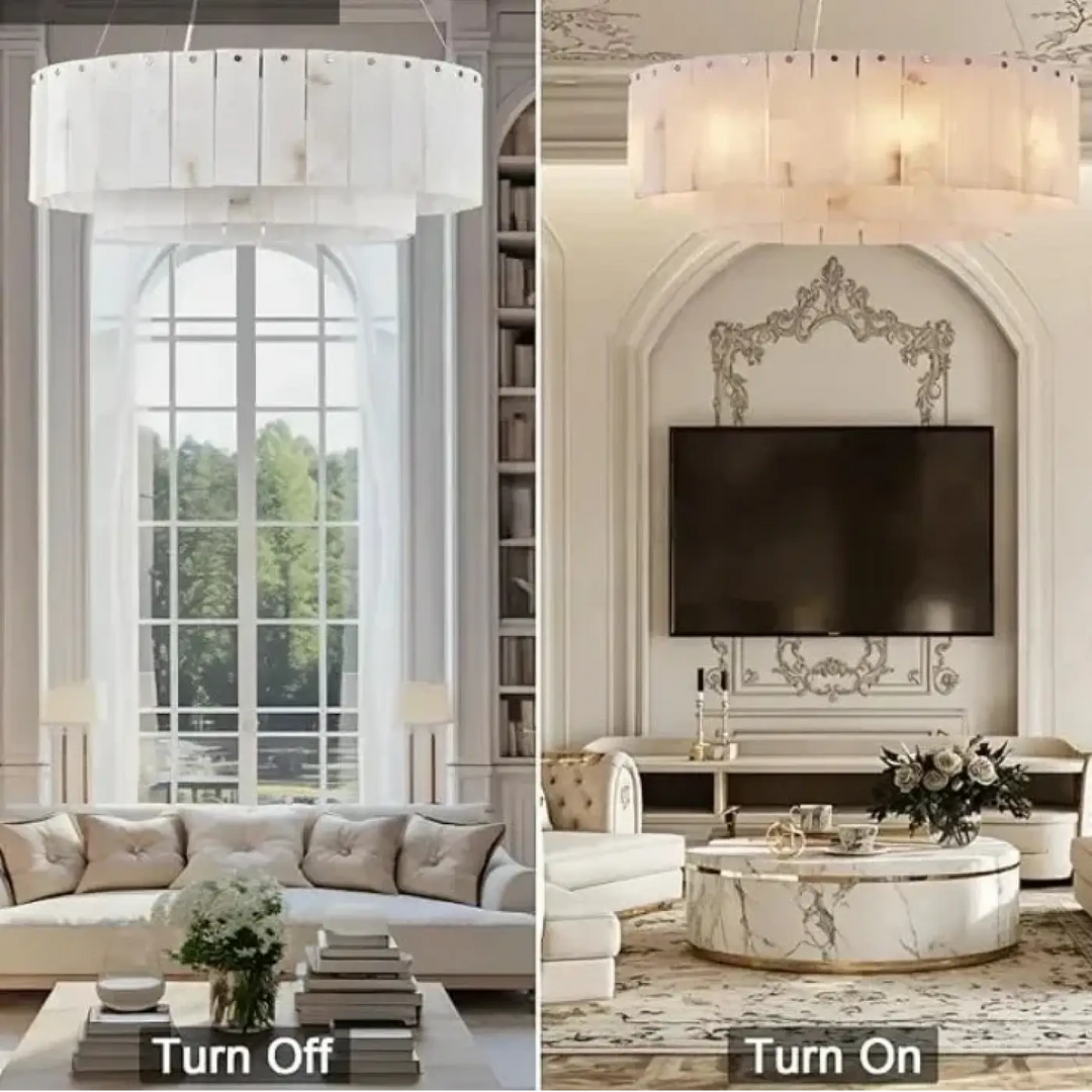 Suspension circulaire effet marbre led design blanc chic