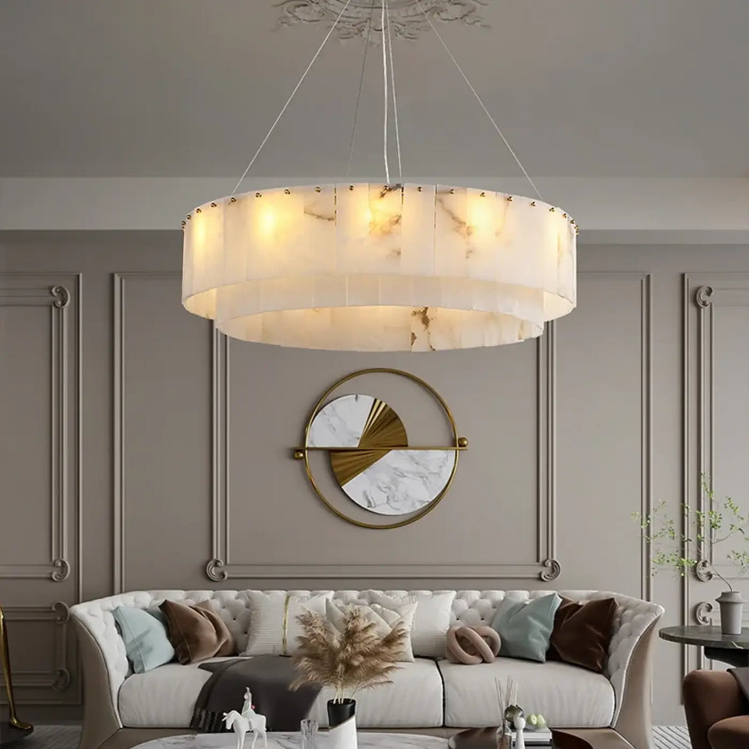 Suspension circulaire effet marbre led design blanc chic