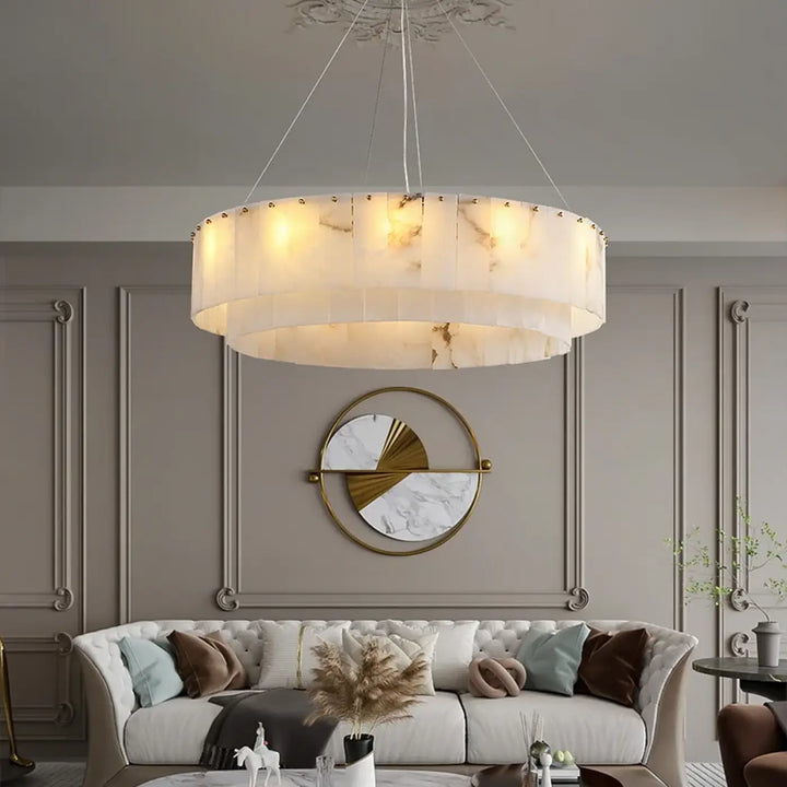 Suspension circulaire effet marbre led design blanc chic