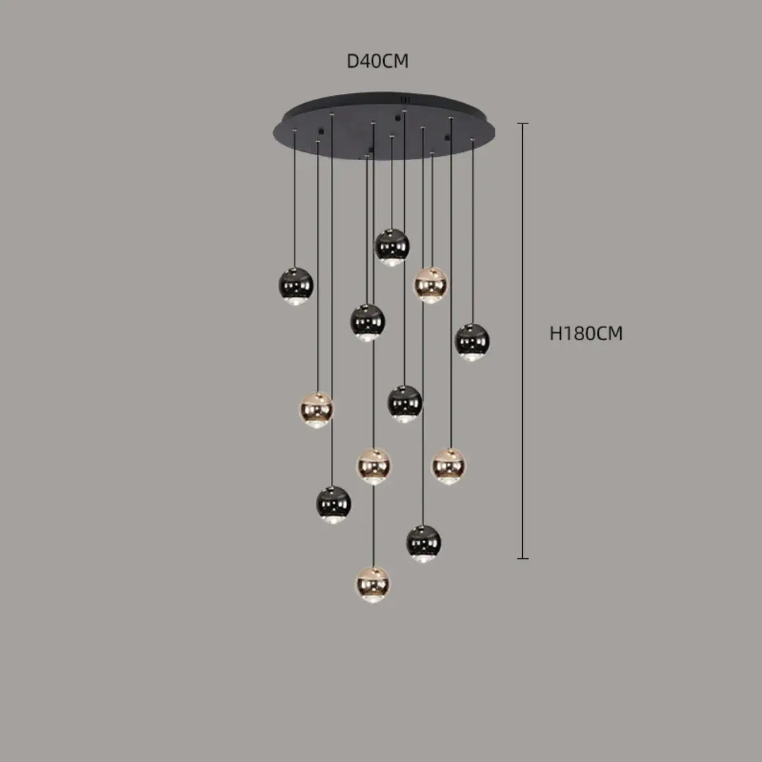 Suspension Contemporaine Cascade Boules Noires Dorées