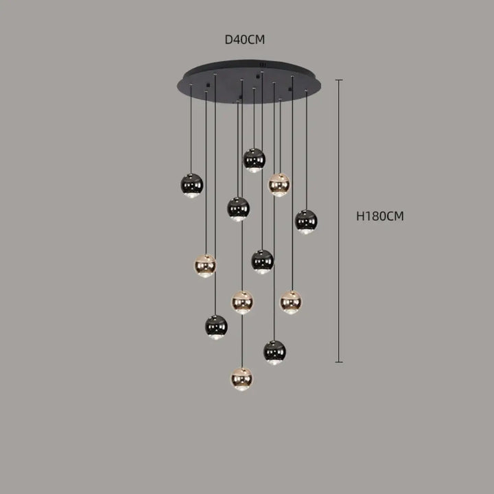 Suspension Contemporaine Cascade Boules Noires Dorées