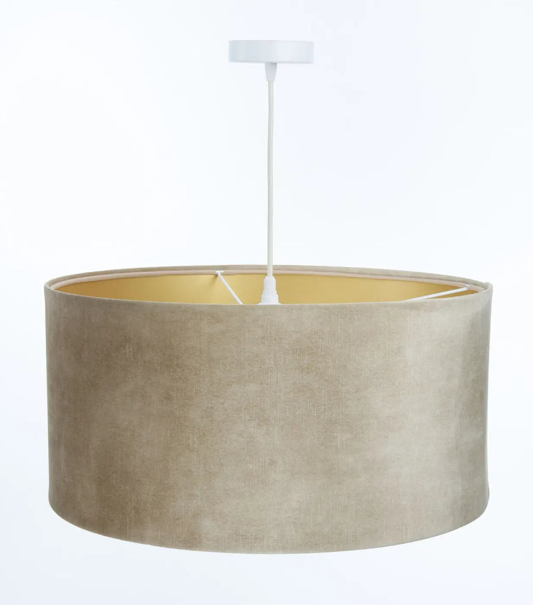 Suspension design beige cylindrique avec intérieur doré et fixation blanche vintage glamour