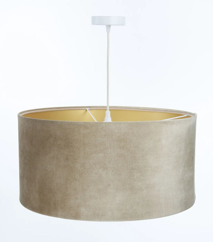 Suspension design beige cylindrique avec intérieur doré et fixation blanche vintage glamour
