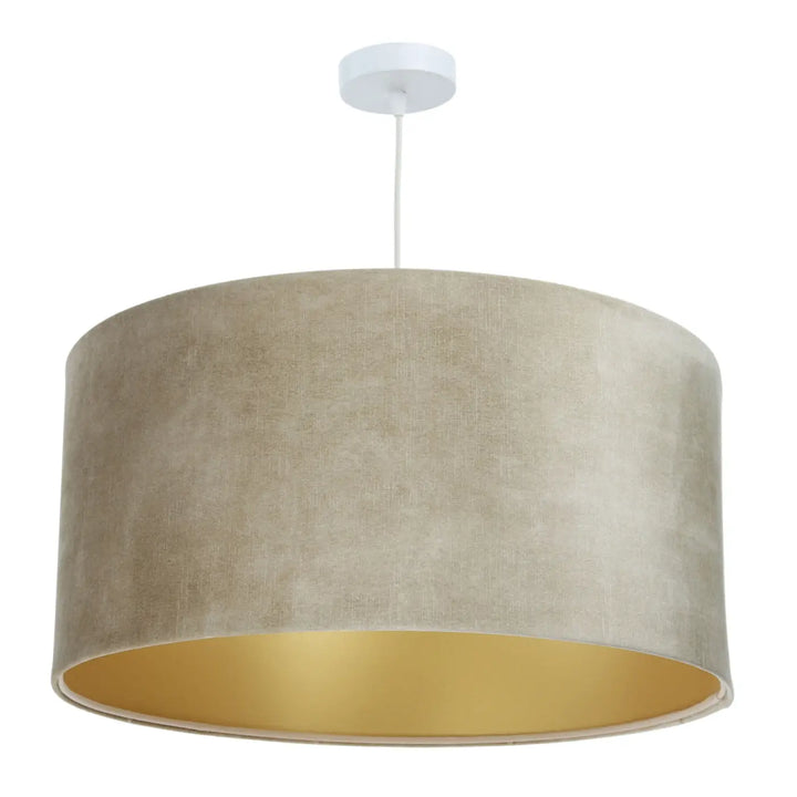 Suspension luminaire vintage glamour en velours beige avec intérieur doré et fixation plafond blanche design beige suspension design