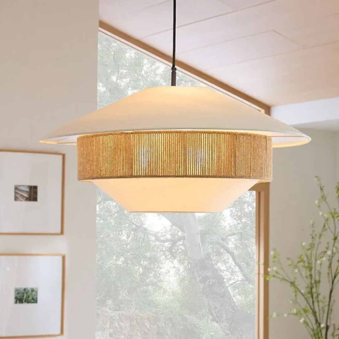 Suspension design blanche jute naturelle ambiance élégante