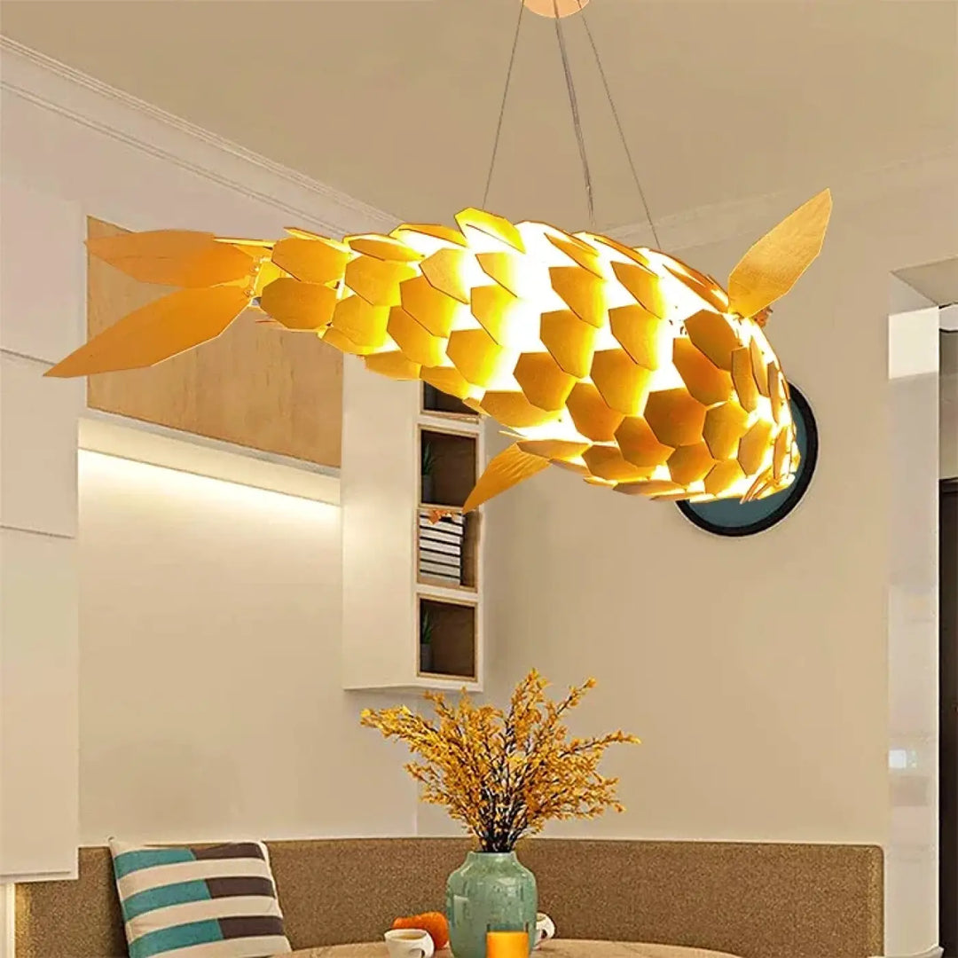 Wabi Sabi Handmade Wooden Fish Pendant Light Japanese Vintage LED hanging Light Living Room Hotel Lobby Club Dining